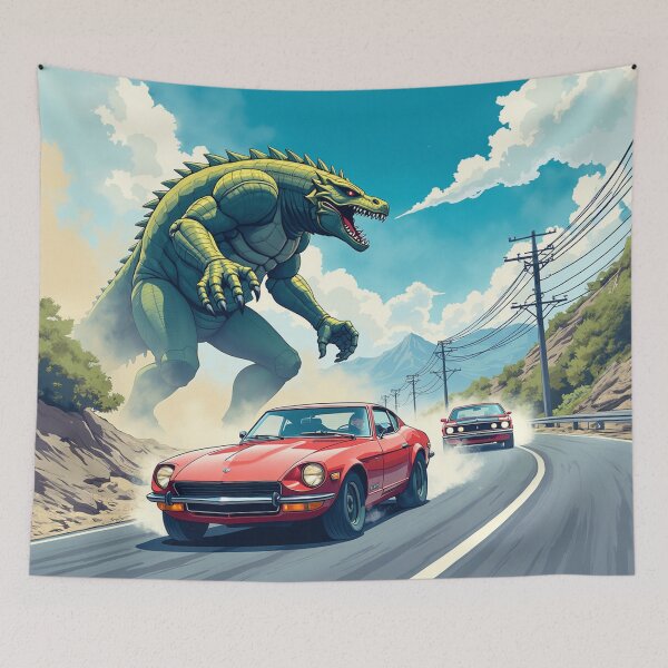 Item preview, Race Cars Drifting Past a Giant Lizard Kaiju - Car Culture designed and sold by Design Raptor.