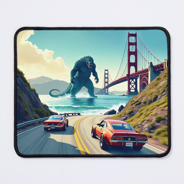 Item preview, Japanese Race Cars Racing Past Bridge Under Attack from a Kaiju - Car Culture designed and sold by Design Raptor.