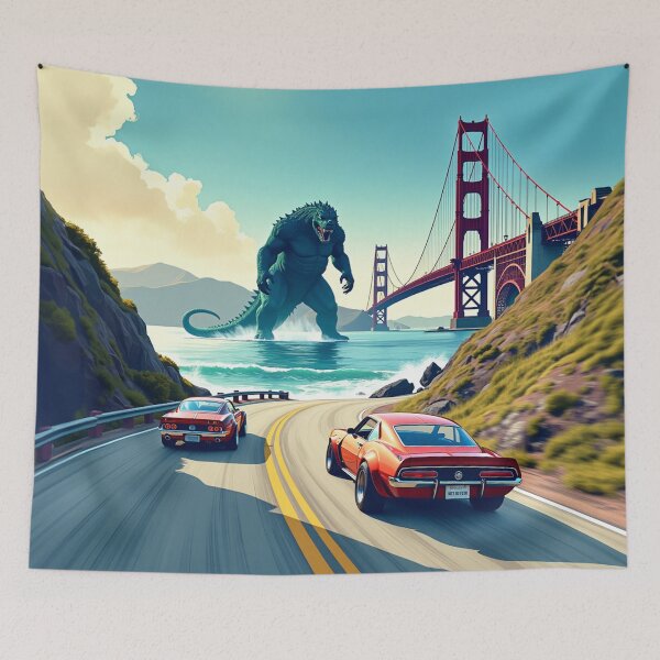 Item preview, Japanese Race Cars Racing Past Bridge Under Attack from a Kaiju - Car Culture designed and sold by Design Raptor.