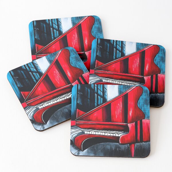 Item preview, Bright Red Piano Against Tall Blue Urban Skyscrapers - Bold Contrast and Modern Aesthetic AI Generated designed and sold by OlfactoART Studio.