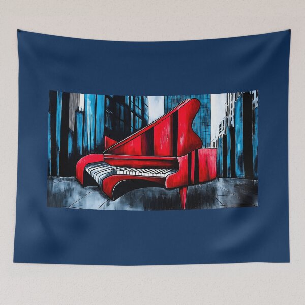 Item preview, Bright Red Piano Against Tall Blue Urban Skyscrapers - Bold Contrast and Modern Aesthetic AI Generated designed and sold by OlfactoART Studio.