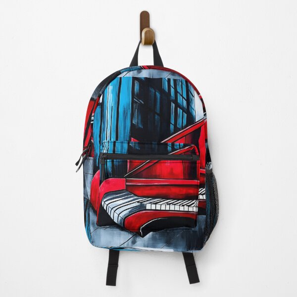 Item preview, Bright Red Piano Against Tall Blue Urban Skyscrapers - Bold Contrast and Modern Aesthetic AI Generated designed and sold by OlfactoART Studio.