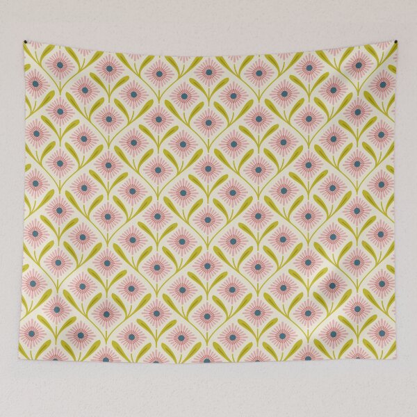 Item preview, KF 0300 A - Vintage Retro Daisy 70s Floral Pattern in Pink Green Cream designed and sold by KhakiFinch.