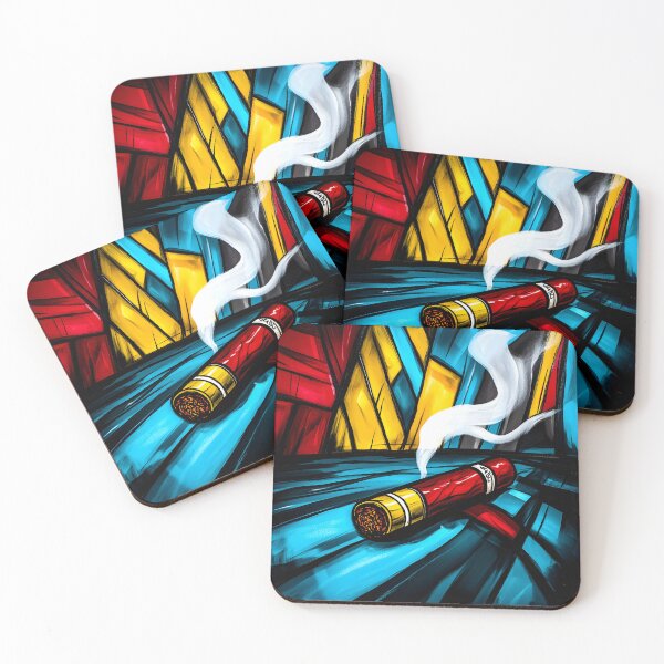 Item preview, Cigar Emitting Smoke Against Vibrant Red Yellow Blue Geometric Shapes - Dynamic Composition AI Generated designed and sold by OlfactoART Studio.