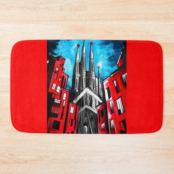 Item preview, Gothic-Style Sagrada Familia Barcelona with Red Lights and Vibrant Red Black Buildings AI Generated designed and sold by OlfactoART Studio.