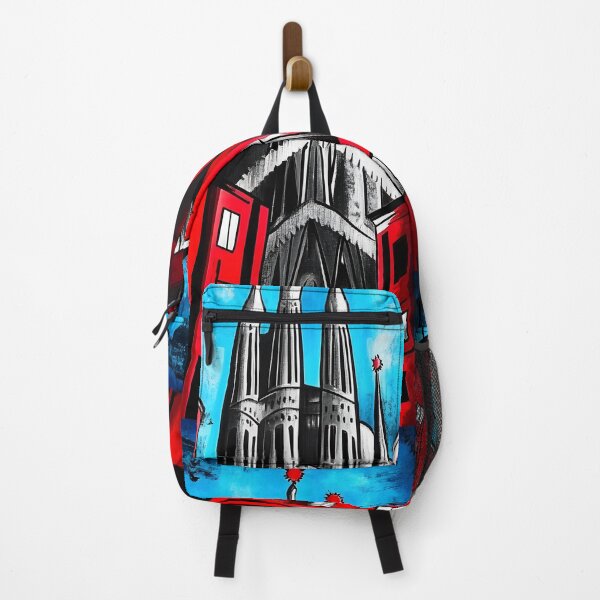 Item preview, Gothic-Style Sagrada Familia Barcelona with Red Lights and Vibrant Red Black Buildings AI Generated designed and sold by OlfactoART Studio.