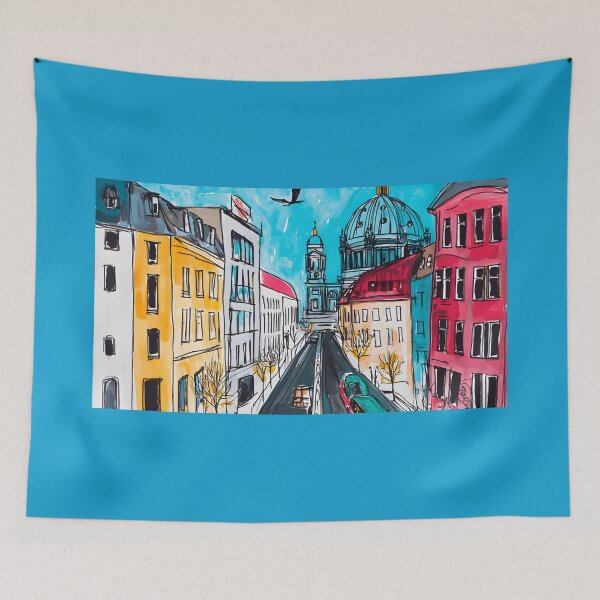 Item preview, Bustling Street Between Colorful Buildings Leading to Grand Domed Cathedral - Vibrant Urban Scene AI Digital Art designed and sold by OlfactoART Studio.