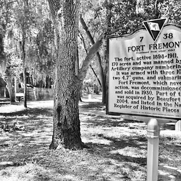 Artwork thumbnail, Beaufort South Carolina Fort Fremont Historical Marker Black And White by LisaWootenPhoto