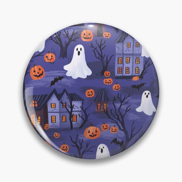 Item preview, Purple Halloween Illustration Pattern of Haunted Houses, Ghosts, Jack O' Lanterns, Trees, Bats designed and sold by artofclaire.