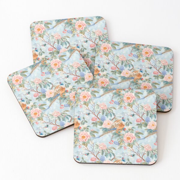 Item preview, Roses and Pheasants in Soft Blue and Pinkv designed and sold by TheChinoiserie.