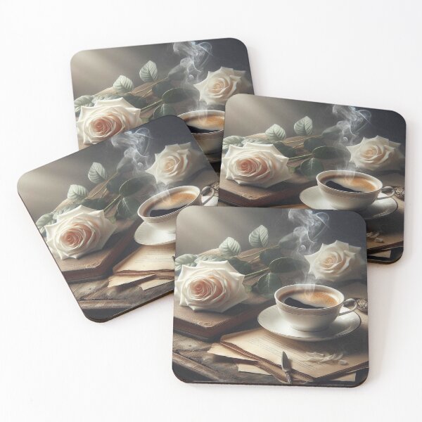 Item preview, Steaming Coffee with White Roses and Vintage Book designed and sold by Visionary Vibez.
