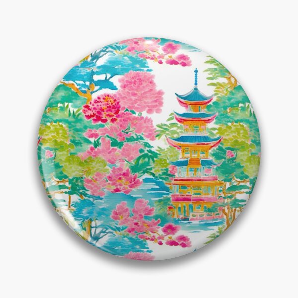 Item preview, Preppy colors chinoiserie pagoda garden designed and sold by SophieClimaArt.
