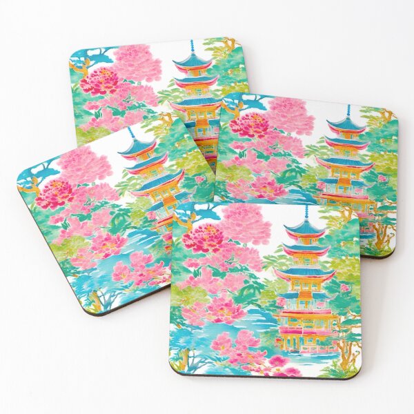 Item preview, Preppy colors chinoiserie pagoda garden designed and sold by SophieClimaArt.