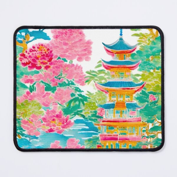 Item preview, Preppy colors chinoiserie pagoda garden designed and sold by SophieClimaArt.