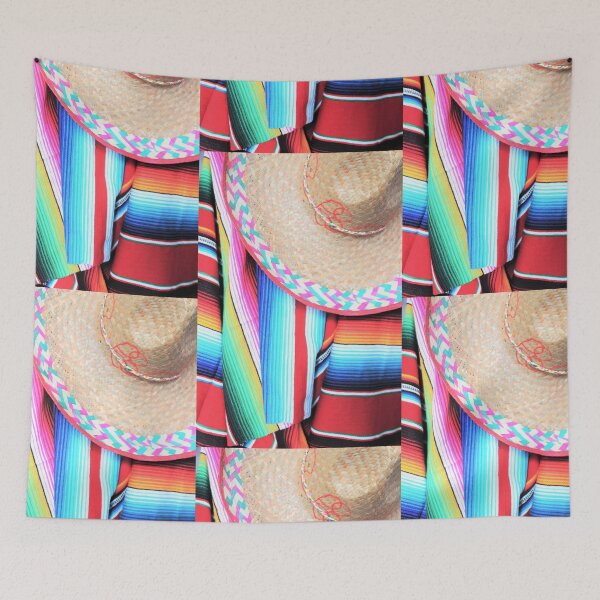 Item preview, Mexican poncho sombrero stock background fiesta Mexico cinco de mayo blanket serape rug in bright colours with copy space photo flat lay minimal minimalist pattern designed and sold by cheekylorns.