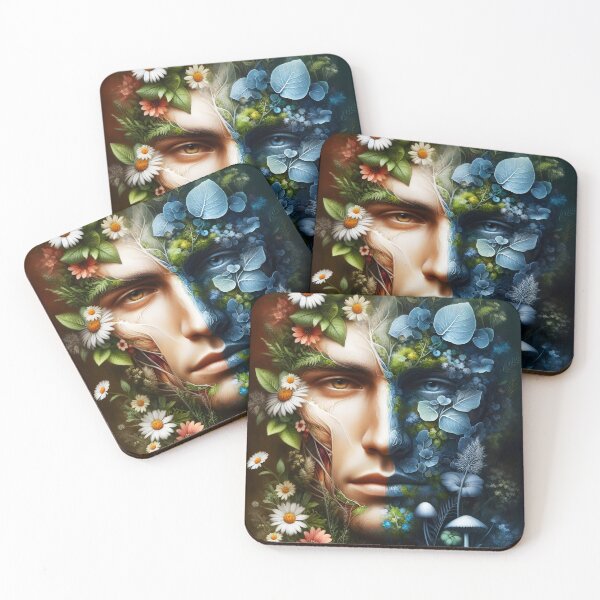 Item preview, Anatomy Botanical man face portrait art with eucalyptus and daisies and herbs two sided designed and sold by EmeraldeaArt.