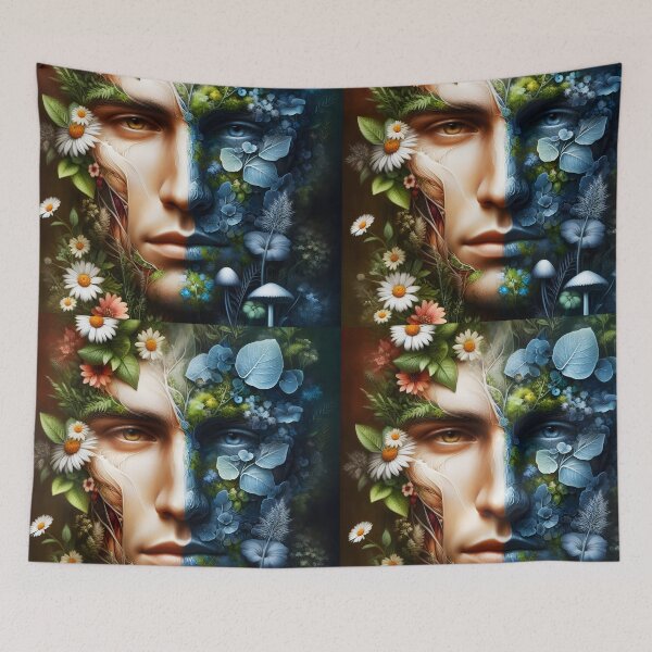 Item preview, Anatomy Botanical man face portrait art with eucalyptus and daisies and herbs two sided designed and sold by EmeraldeaArt.