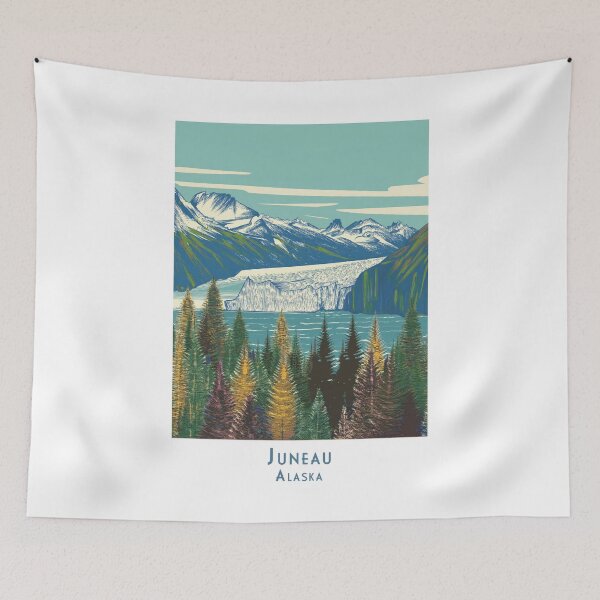 Item preview, Vintage travel poster of Juneau, Alaska – Minimalist art with mountains, glaciers and forest designed and sold by pod24.
