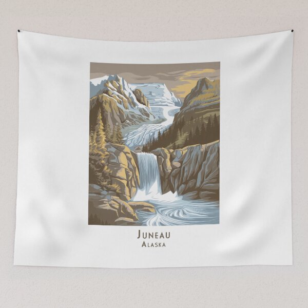 Item preview, Retro travel poster of Juneau, Alaska – vintage landscape art with waterfall and glacier designed and sold by pod24.