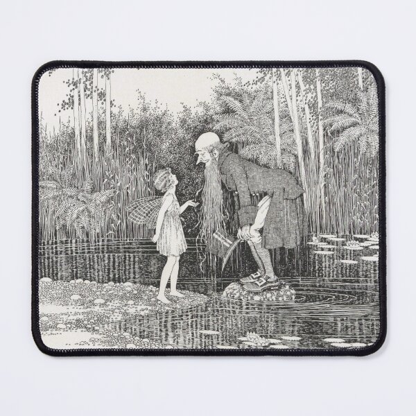 Item preview, Fairy and leprechaun in a stream - vintage fantasy black and white illustration by Outhwaite designed and sold by ElegantTeaTime.