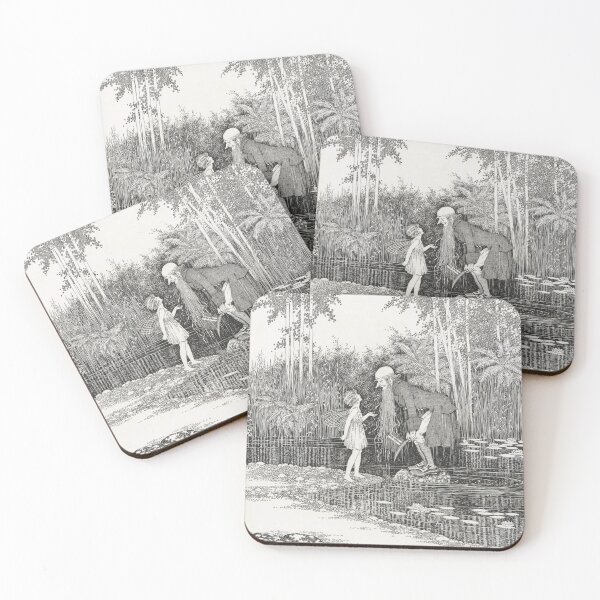 Item preview, Fairy and leprechaun in a stream - vintage fantasy black and white illustration by Outhwaite  designed and sold by ElegantTeaTime.