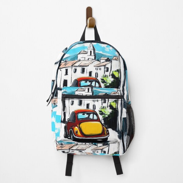 Item preview, Red Car with Yellow Rear Driving Through Narrow Italian Street with White Buildings and Mountains Generative AI designed and sold by OlfactoART Studio.