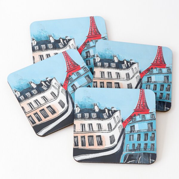 Item preview, Bold Parisian Art- Curved Buildings in Vibrant Red Blue Yellow with Prominent Eiffel Tower designed and sold by OlfactoART Studio.