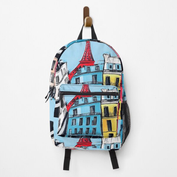 Item preview, Bold Parisian Art- Curved Buildings in Vibrant Red Blue Yellow with Prominent Eiffel Tower designed and sold by OlfactoART Studio.