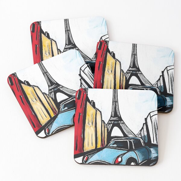 Item preview, Blue Car Driving Down a Parisian Street with Colorful Buildings Towards Eiffel Tower - Vibrant Dynamic Scene designed and sold by OlfactoART Studio.