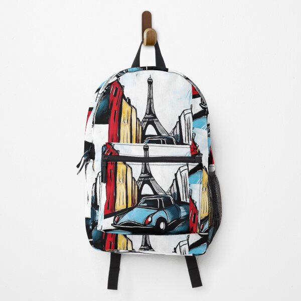Item preview, Blue Car Driving Down a Parisian Street with Colorful Buildings Towards Eiffel Tower - Vibrant Dynamic Scene designed and sold by OlfactoART Studio.