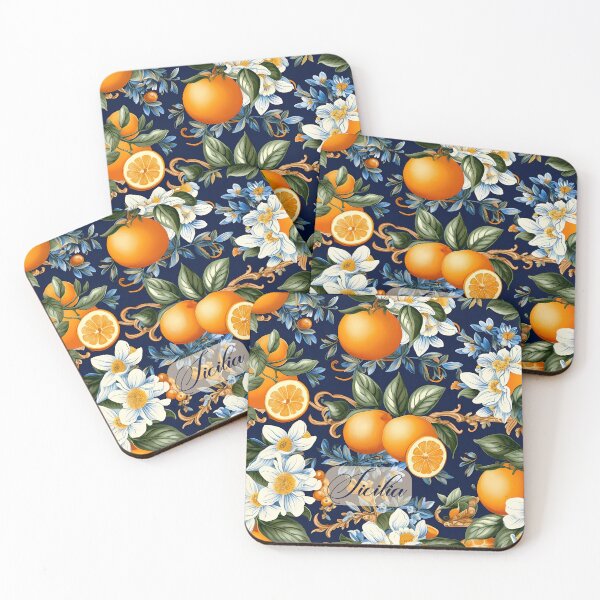 Item preview, Sicilia - orange flowers and orange fruitson blue background pattern designed and sold by EmeraldeaArt.