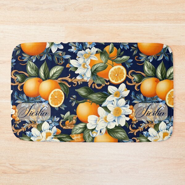 Item preview, Sicilia - orange flowers and orange fruitson blue background pattern designed and sold by EmeraldeaArt.