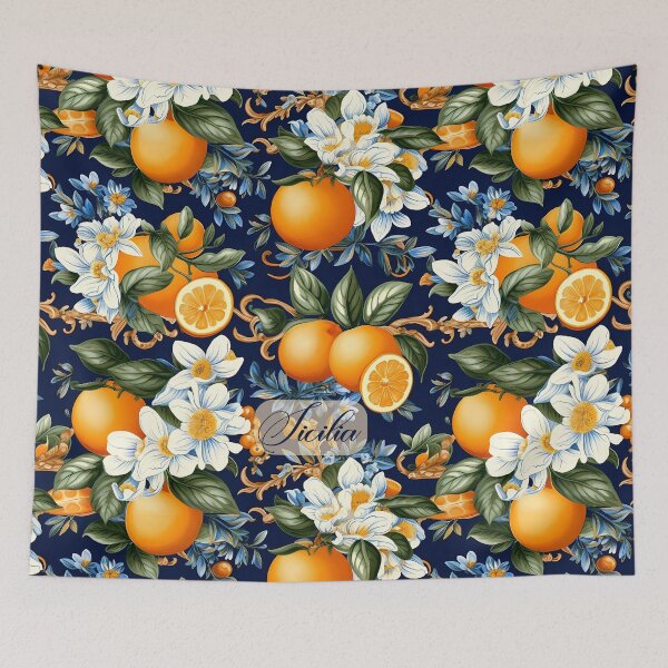 Item preview, Sicilia - orange flowers and orange fruitson blue background pattern designed and sold by EmeraldeaArt.