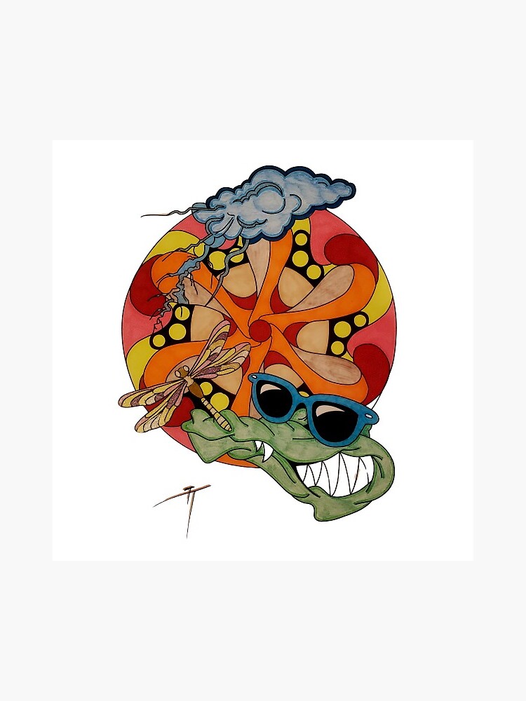 Thumbnail 3 of 3, Sticker, Psychedelic Dragonfly with Groovy Gator and Swirling Colors designed and sold by Cracker3.
