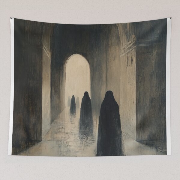 Item preview, Mystical Corridor - Atmospheric Abstract Art with Gothic Figures designed and sold by oceanwindprints.