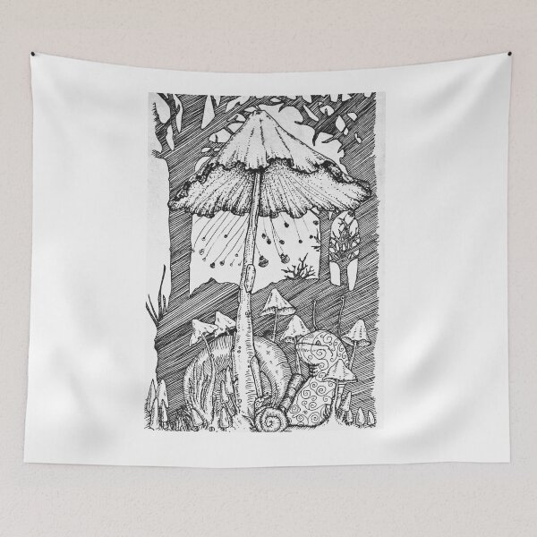Item preview, pen line drawing of a snail taking his little one to see a fair like carnival of other little creatures riding on a spinning mushroom designed and sold by AZTECartoon.