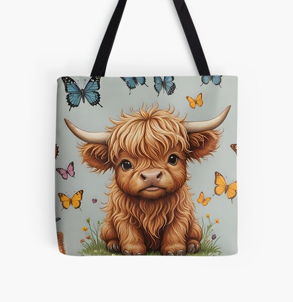Baby Highland cow and butterflies All Over Print Tote Bag