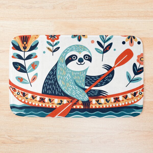 Item preview, Scandinavian Folk Art cute canoe adventure Sloth  designed and sold by FOLK ART FUSION.