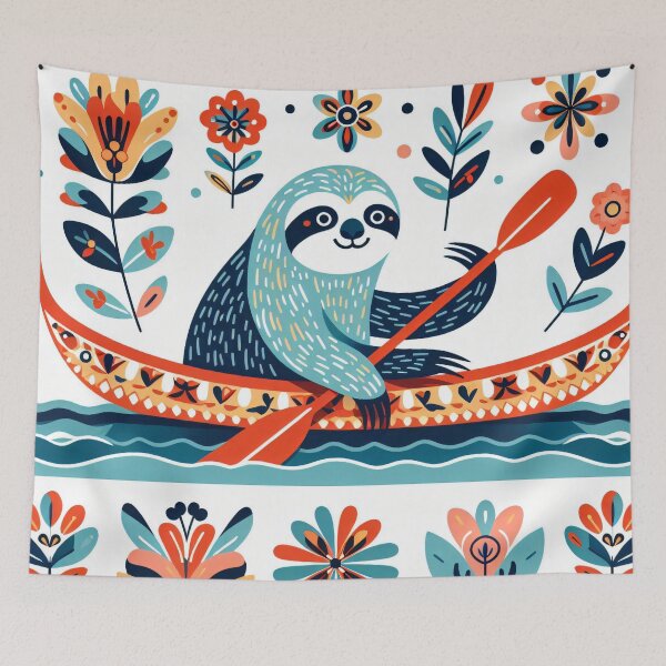 Item preview, Scandinavian Folk Art cute canoe adventure Sloth  designed and sold by FOLK ART FUSION by heidiannemorris.