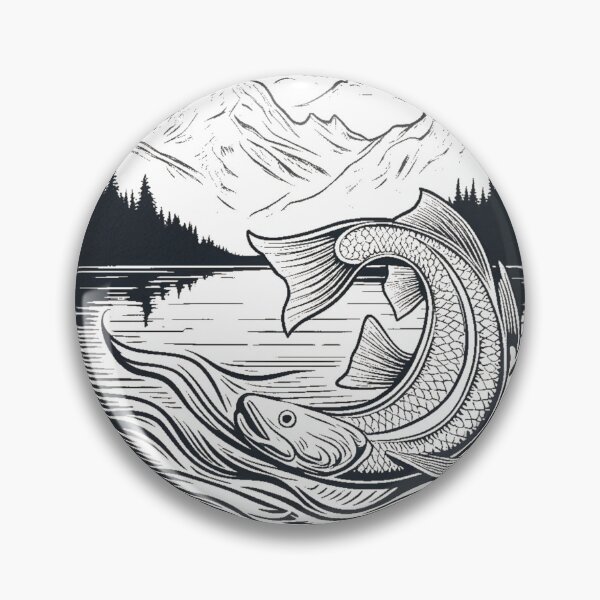 Item preview, "Majestic River Engraving: Timeless Fish in Mountainous Serenity" designed and sold by products4urduke.