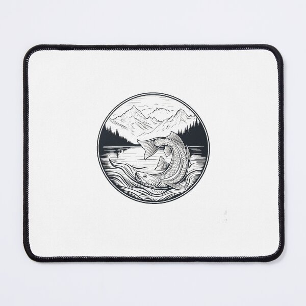 Item preview, "Majestic River Engraving: Timeless Fish in Mountainous Serenity" designed and sold by products4urduke.