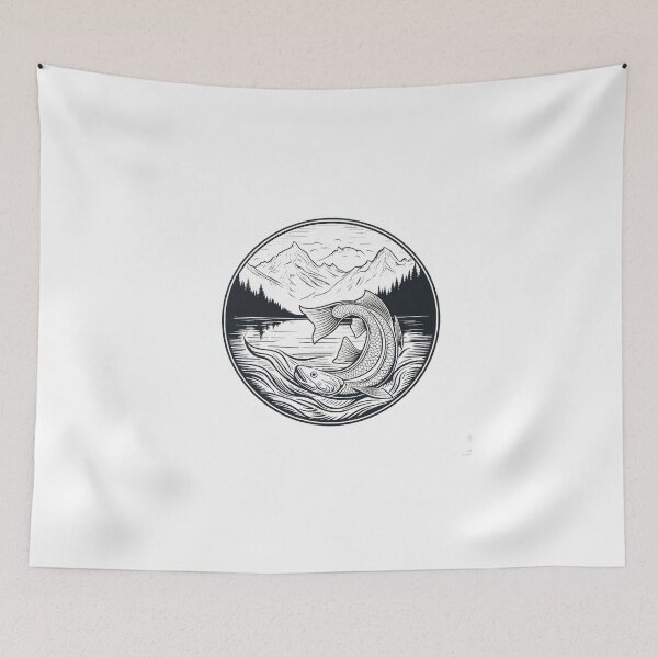 Item preview, "Majestic River Engraving: Timeless Fish in Mountainous Serenity" designed and sold by products4urduke.