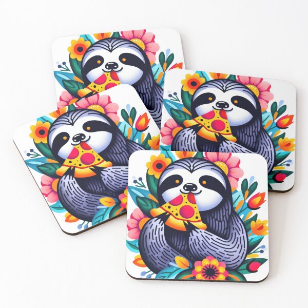Item preview, Scandinavian Folk Art cute three toed Sloth eating pizza by heidiannemorris designed and sold by FOLK ART FUSION by heidiannemorris.