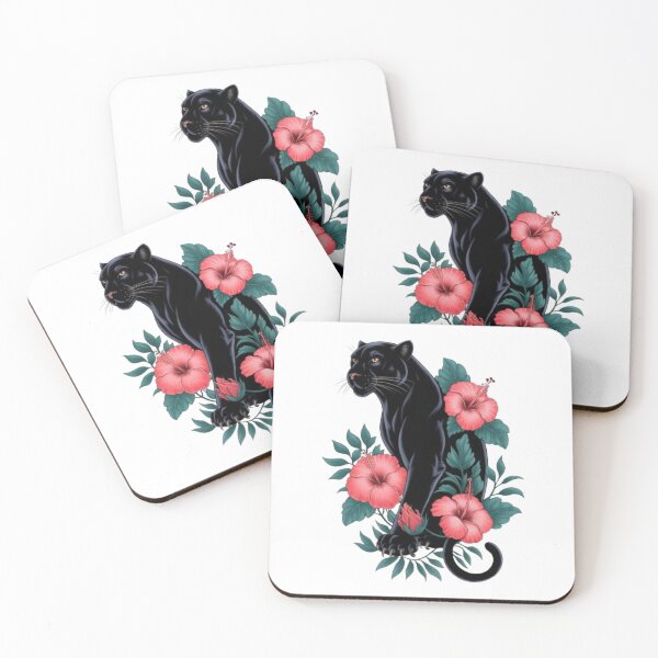 Item preview, a black panther in a cool, powerful pose, with vibrant hibiscus flowers intricately wrapped around its form designed and sold by 123ks.