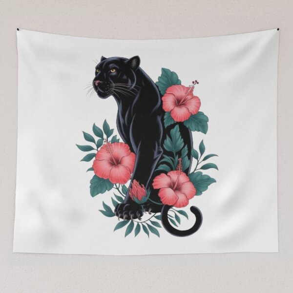 Item preview, a black panther in a cool, powerful pose, with vibrant hibiscus flowers intricately wrapped around its form designed and sold by 123ks.