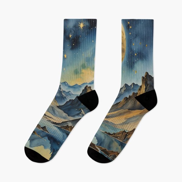 Item preview, Gold Crescent Moon And Stars Over Blue Mountains designed and sold by celartinspire.