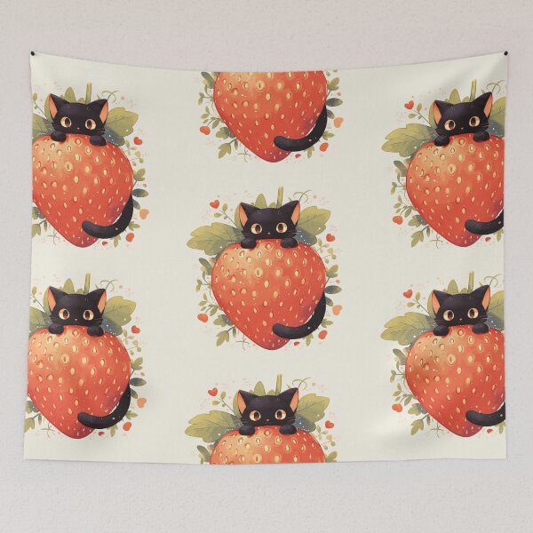 Item preview, black cat on a strawberry designed and sold by MendaciousMina.
