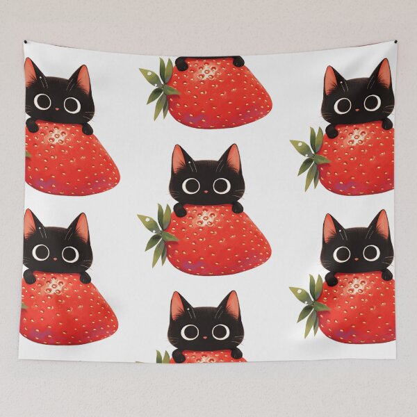 Item preview, black cat on a strawberry designed and sold by MendaciousMina.