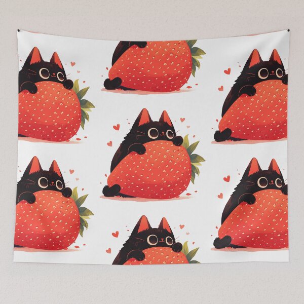 Item preview, black cat on a strawberry designed and sold by MendaciousMina.