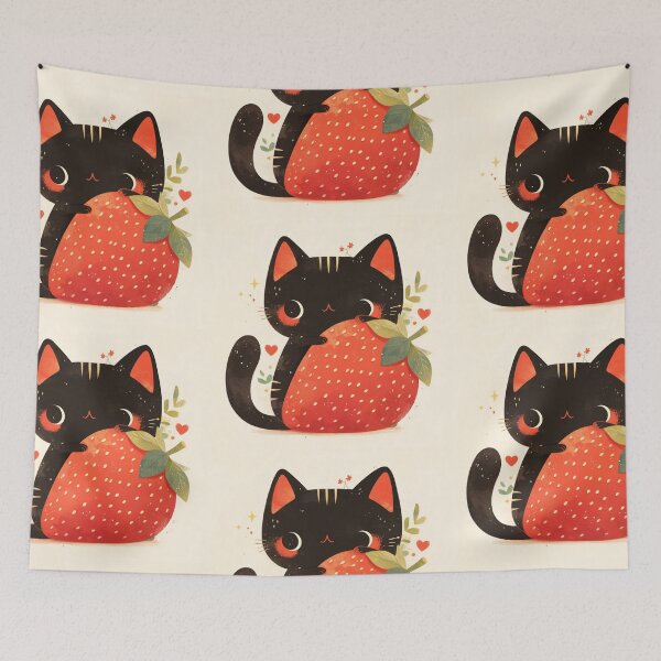 Item preview, black cat on a strawberry designed and sold by MendaciousMina.